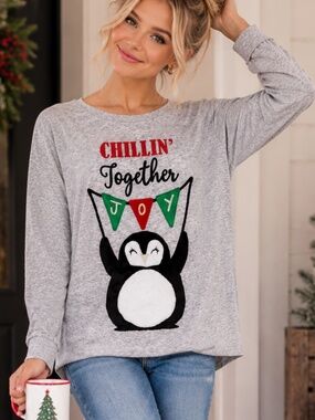 Holiday Time Womens Christmas Top 2X Penguin Christmas Joy Winter Cozy Chillin